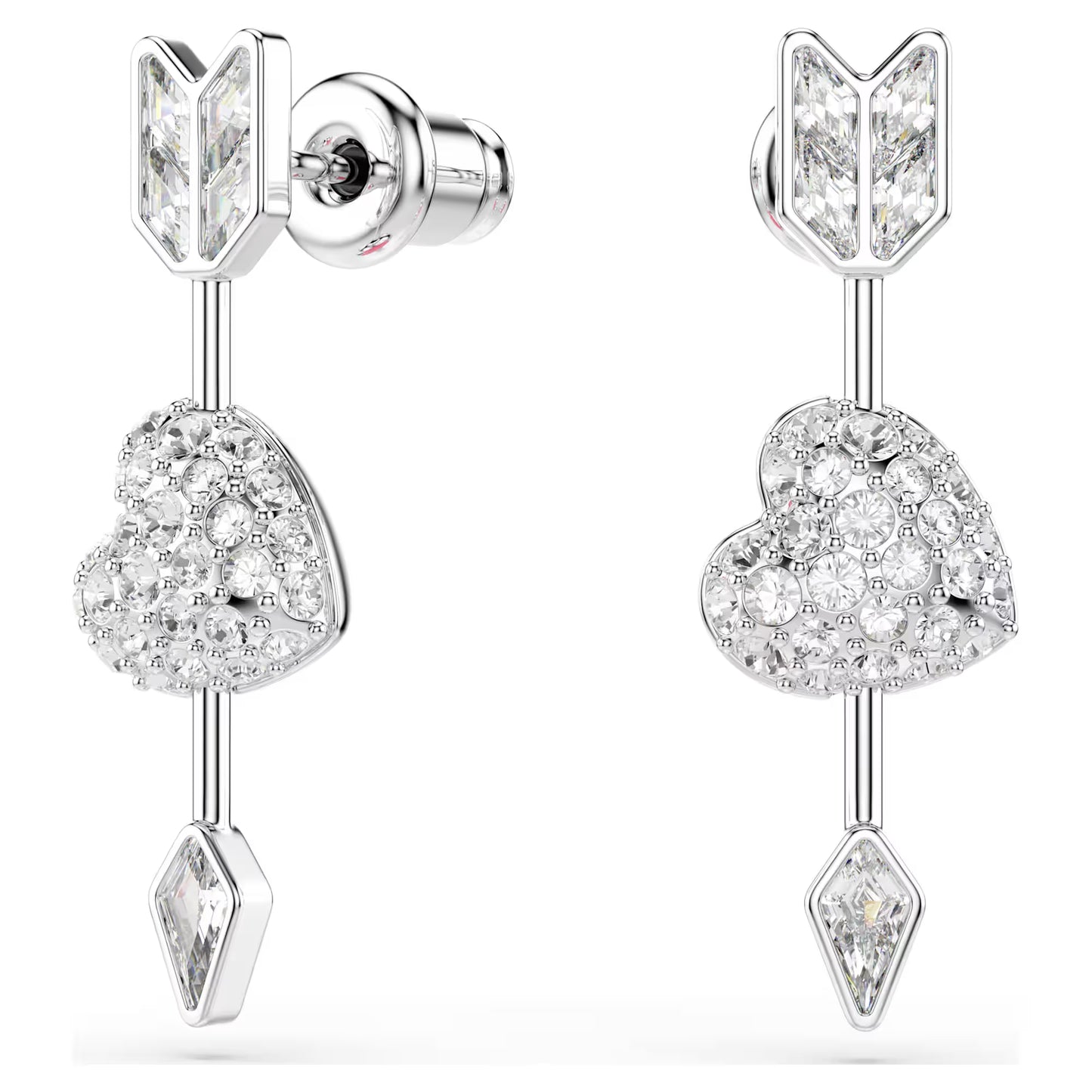 Idyllia drop earrings, Mixed cuts, Heart with arrow, White, Rhodium plated