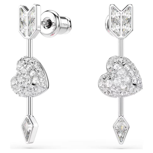 Idyllia drop earrings, Mixed cuts, Heart with arrow, White, Rhodium plated