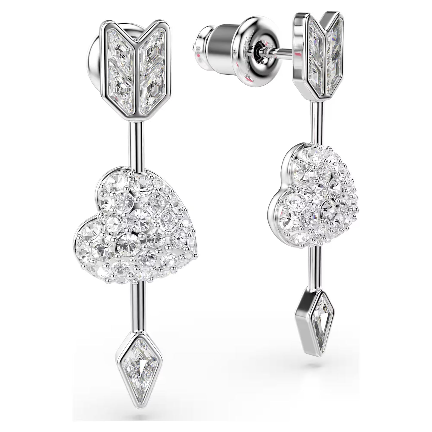 Idyllia drop earrings, Mixed cuts, Heart with arrow, White, Rhodium plated