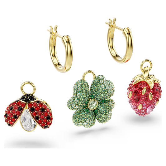Idyllia drop earrings, Set (3), Ladybird, clover, strawberry, Multicoloured, Gold-tone plated