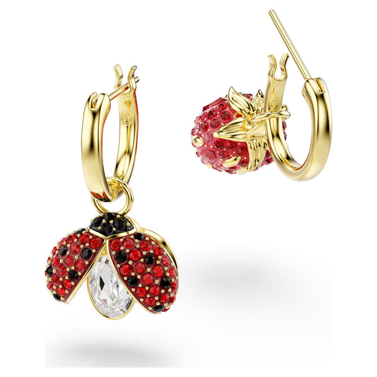 Idyllia drop earrings, Set (3), Ladybird, clover, strawberry, Multicoloured, Gold-tone plated