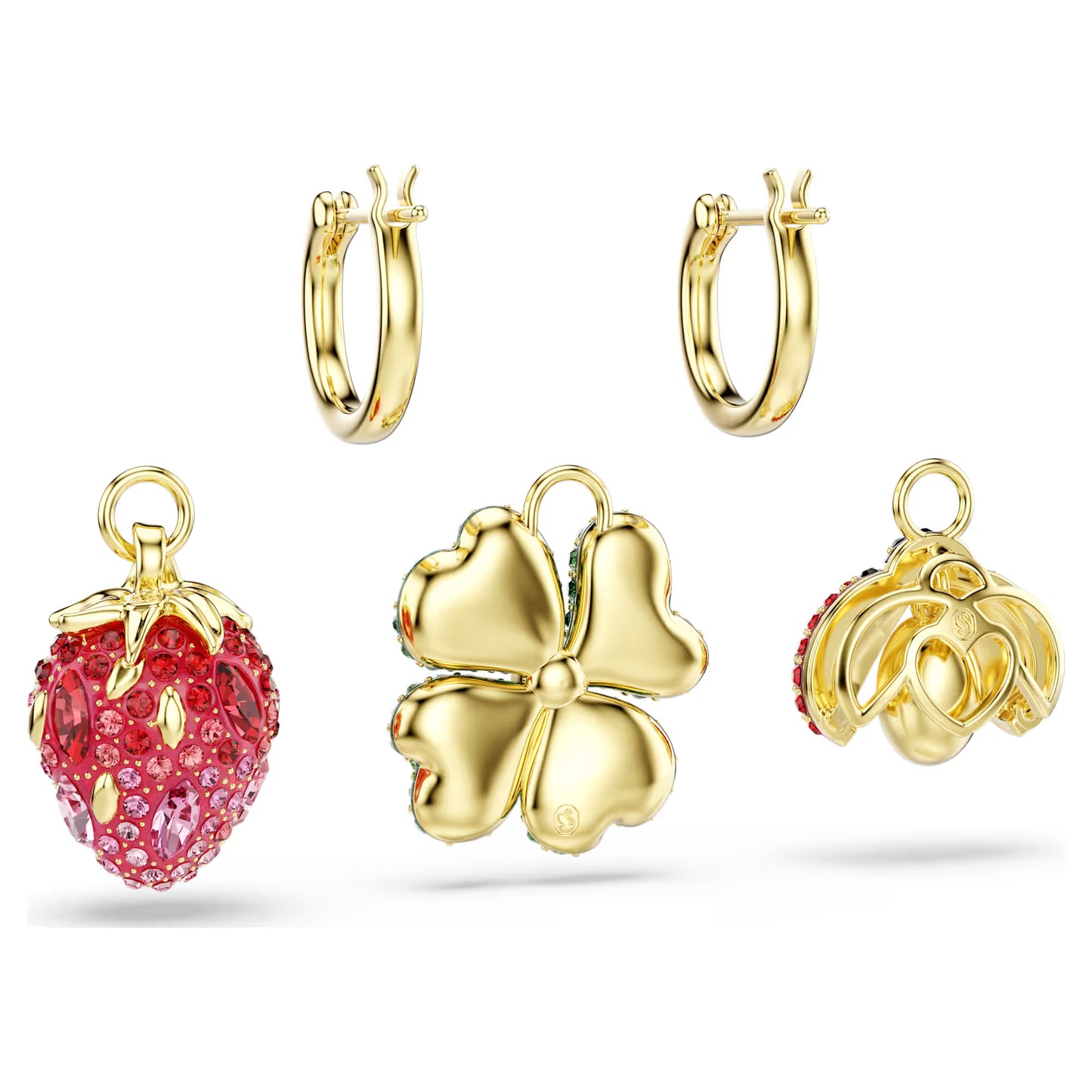 Idyllia drop earrings, Set (3), Ladybird, clover, strawberry, Multicoloured, Gold-tone plated
