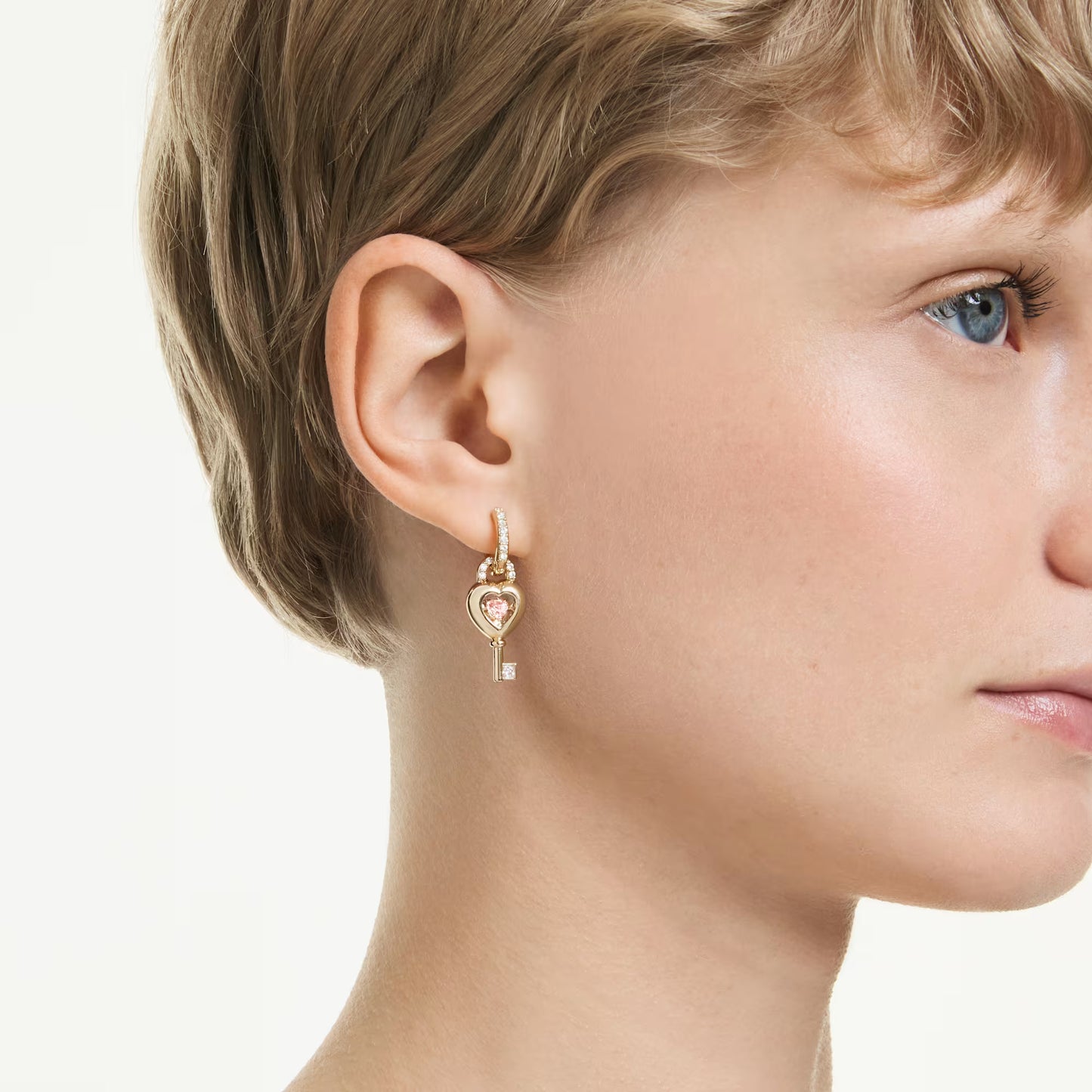 Idyllia drop earrings with ear cuff, Mixed cuts, Heart with key, Pink, Gold-tone plated