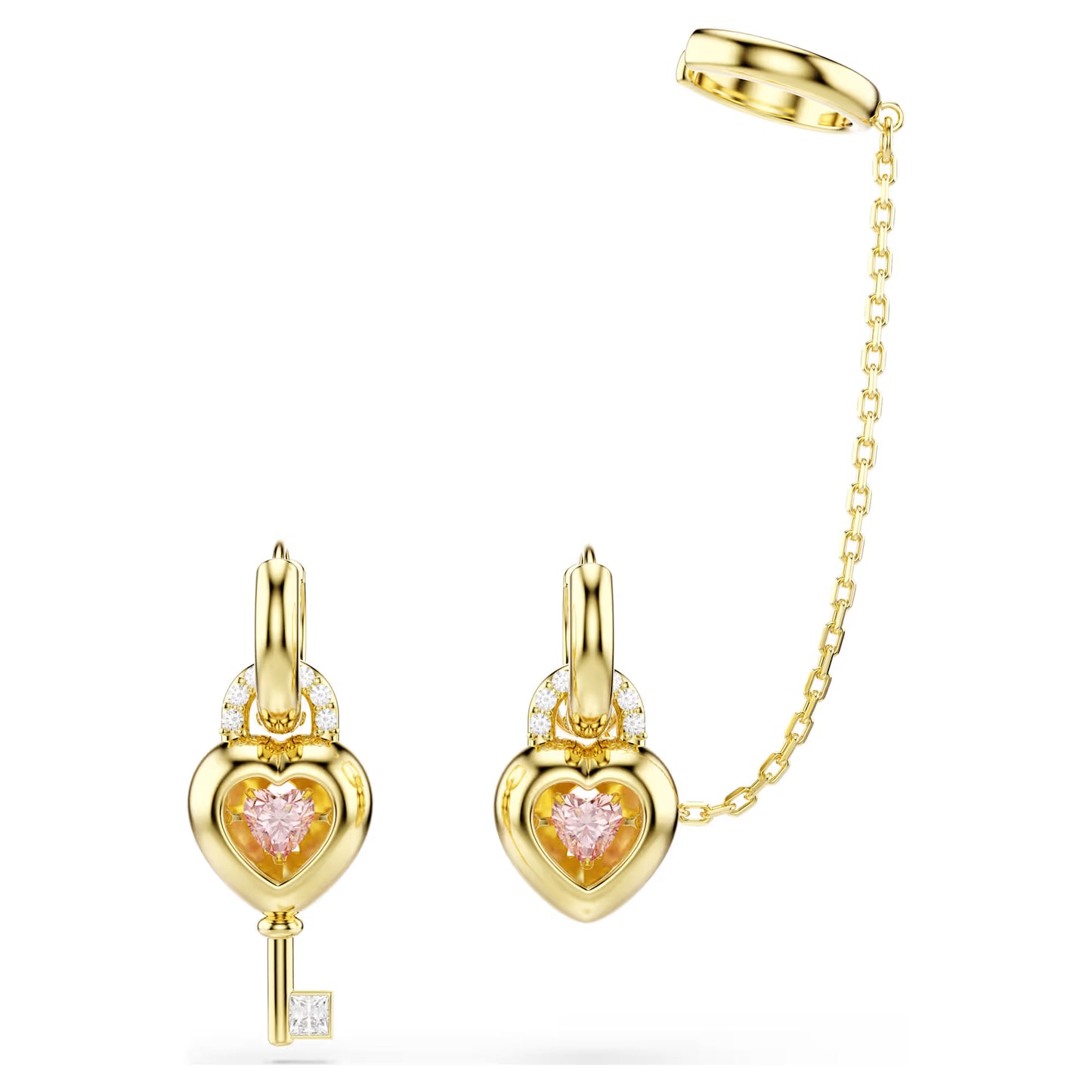 Idyllia drop earrings with ear cuff, Mixed cuts, Heart with key, Pink, Gold-tone plated