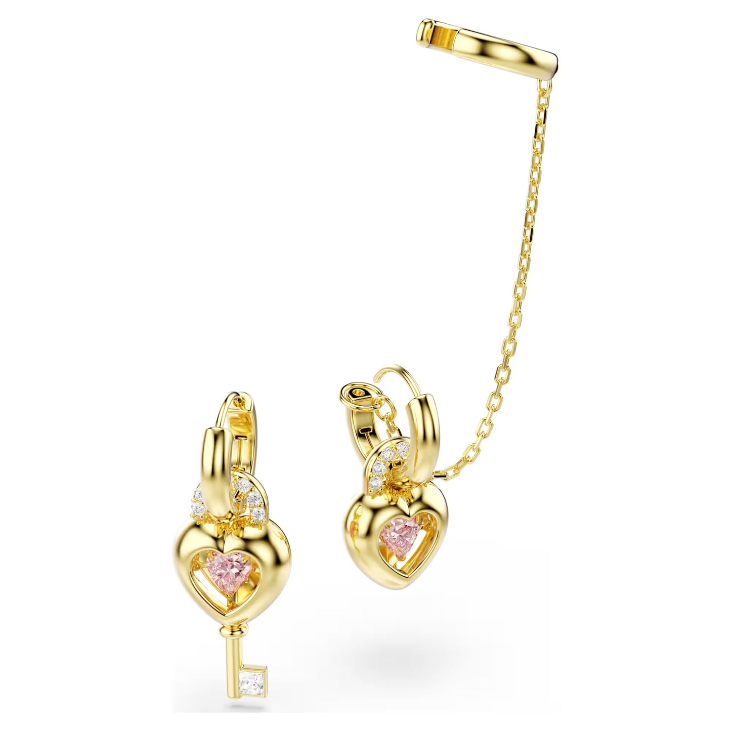 Idyllia drop earrings with ear cuff, Mixed cuts, Heart with key, Pink, Gold-tone plated