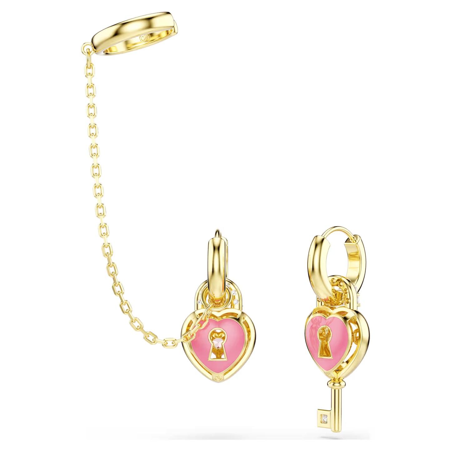 Idyllia drop earrings with ear cuff, Mixed cuts, Heart with key, Pink, Gold-tone plated