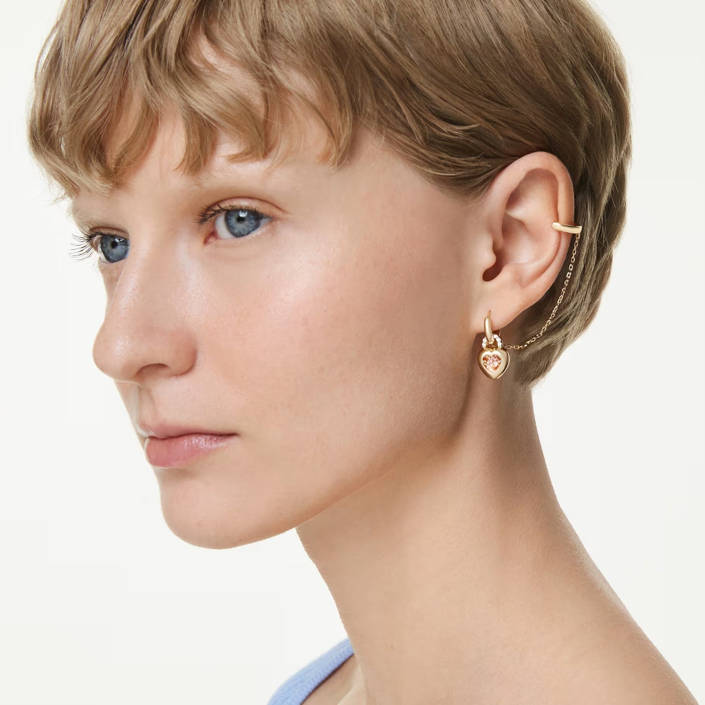 Idyllia drop earrings with ear cuff, Mixed cuts, Heart with key, Pink, Gold-tone plated