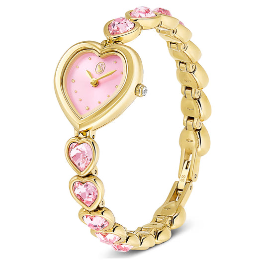 Idyllia Heart watch, Crystal bracelet, Pink, Gold-tone finish