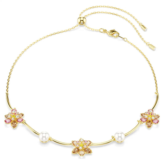 Idyllia necklace, Crystal pearl, Mixed cuts, Flower, Multicoloured, Gold-tone plated