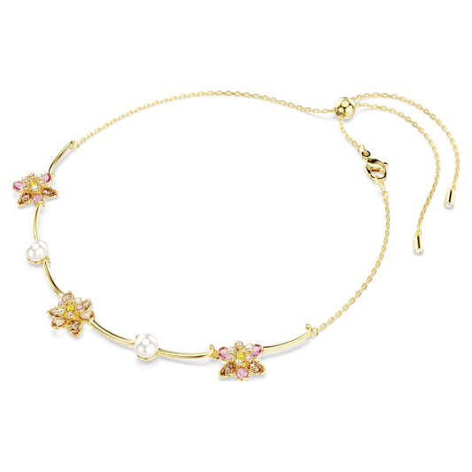 Idyllia necklace, Crystal pearl, Mixed cuts, Flower, Multicoloured, Gold-tone plated