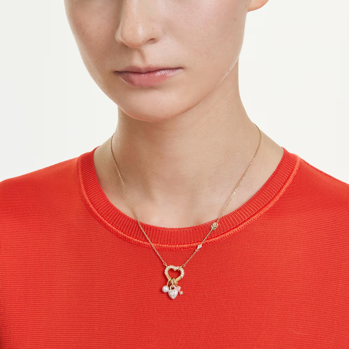 Idyllia pendant, Mixed cuts, Heart, key, Pink, Gold-tone plated