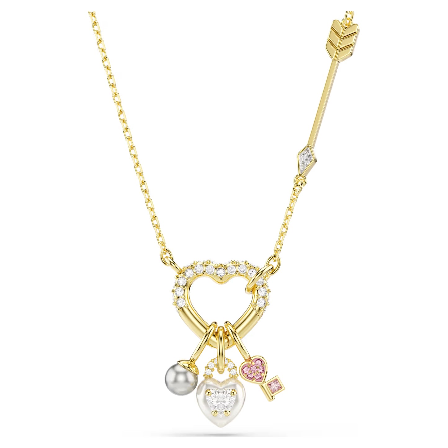 Idyllia pendant, Mixed cuts, Heart, key, Pink, Gold-tone plated