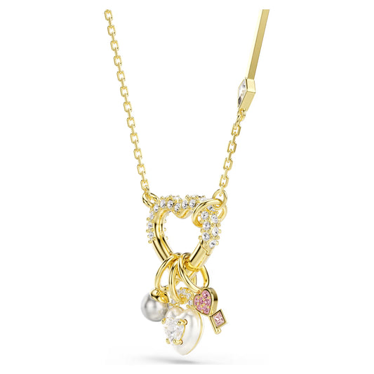 Idyllia pendant, Mixed cuts, Heart, key, Pink, Gold-tone plated