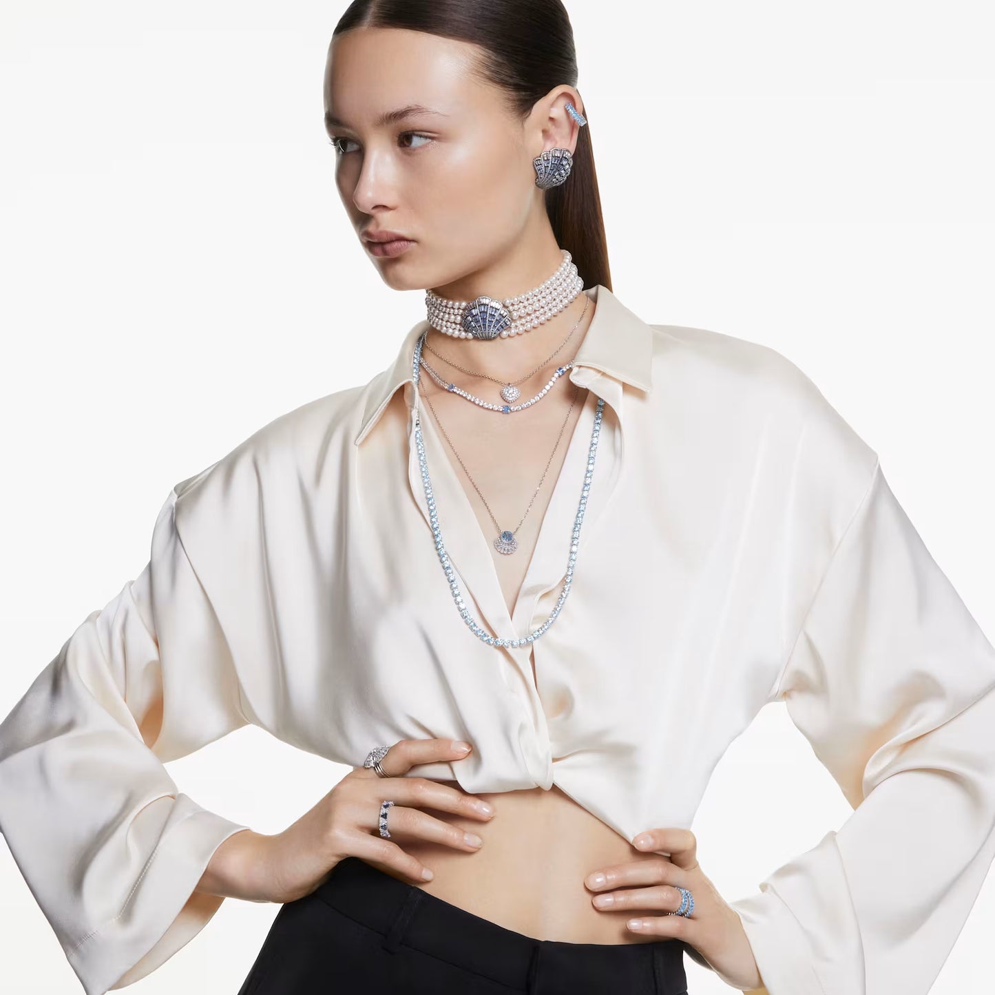 Idyllia pendant, Shell, Blue, Rhodium plated
