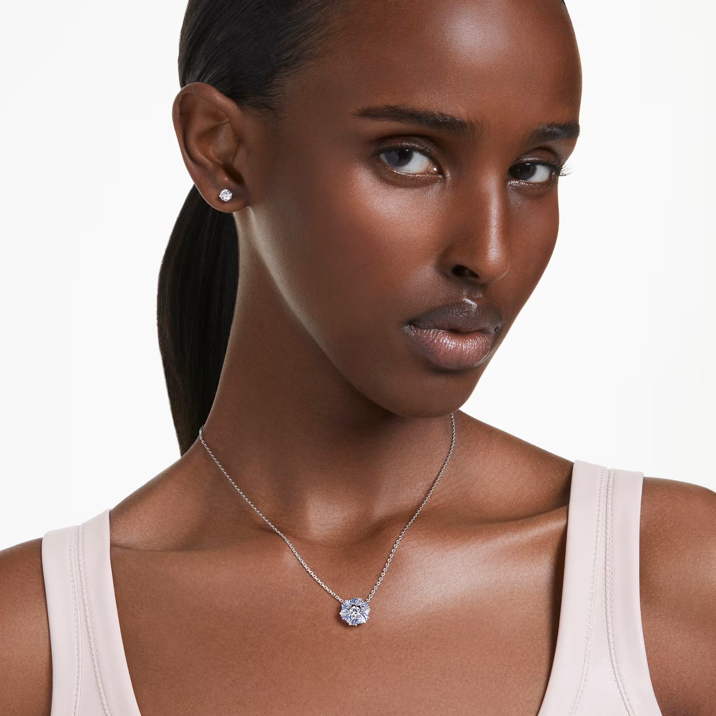Idyllia set, Mixed cuts, Flower, Blue, Rhodium plated