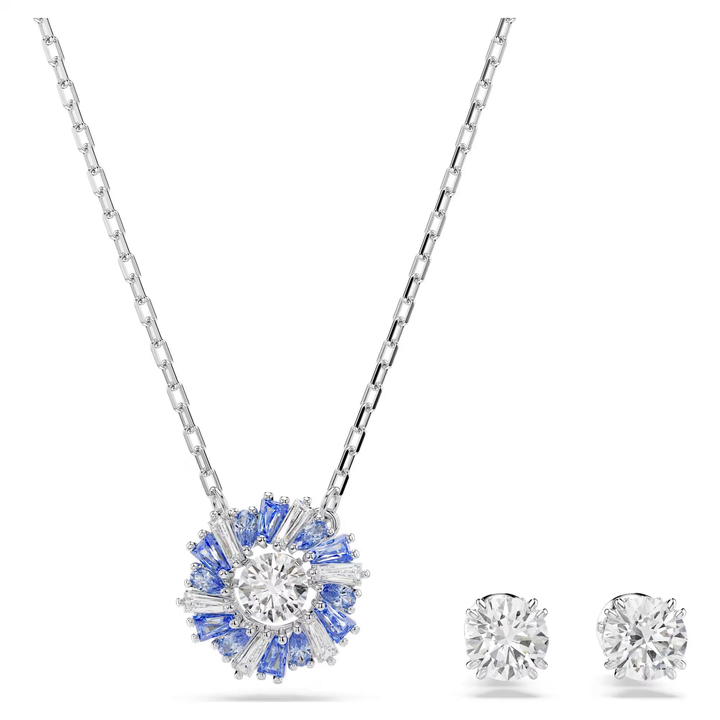 Idyllia set, Mixed cuts, Flower, Blue, Rhodium plated