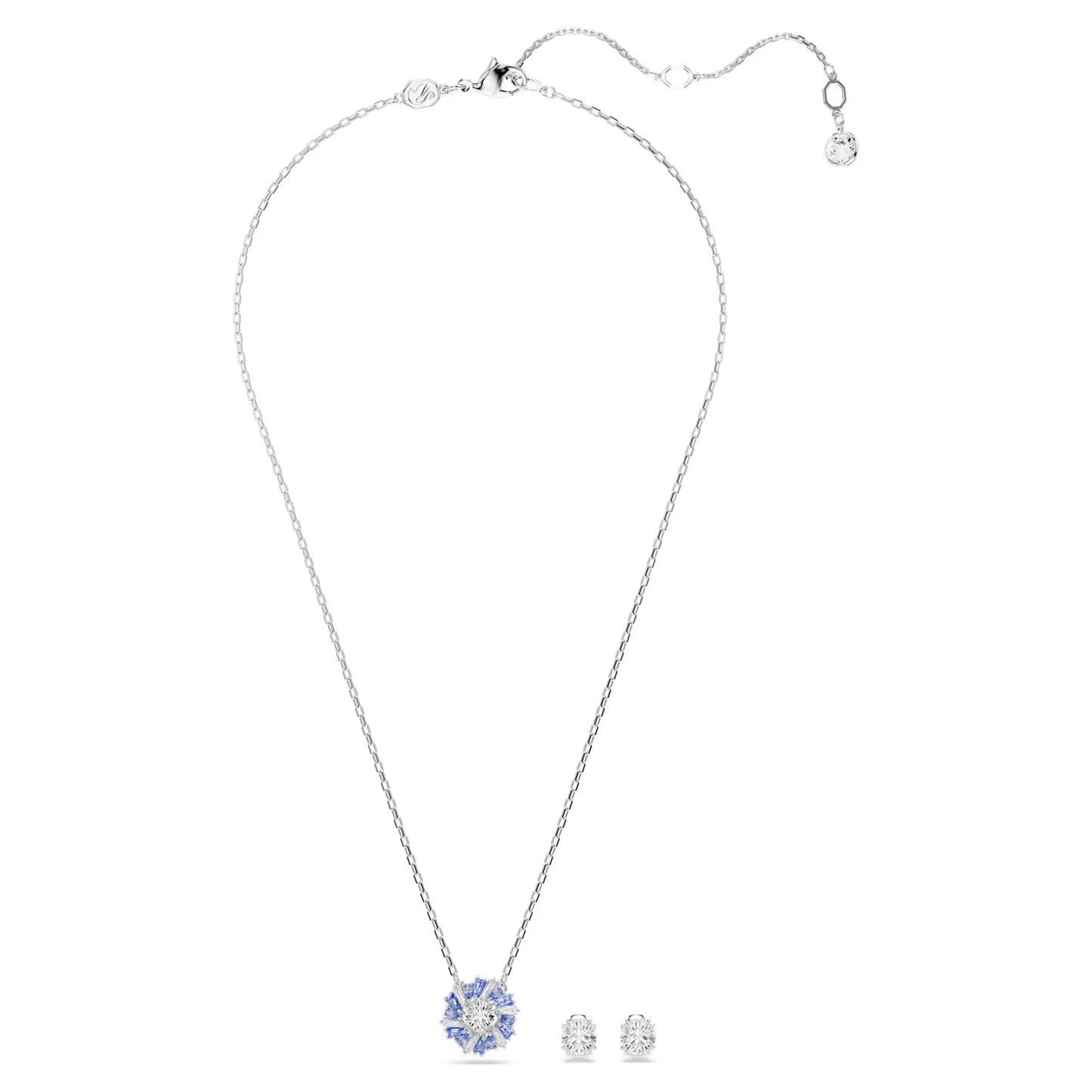 Idyllia set, Mixed cuts, Flower, Blue, Rhodium plated