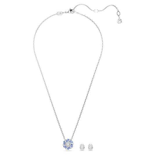 Idyllia set, Mixed cuts, Flower, Blue, Rhodium plated