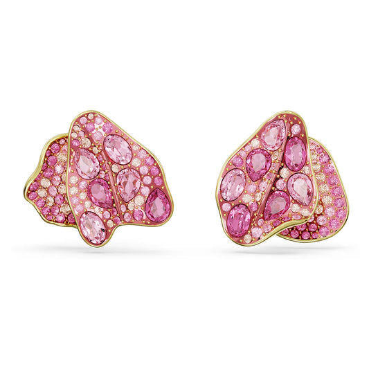 Idyllia stud earrings, Asymmetrical design, Flower, Pink, Gold-tone plated