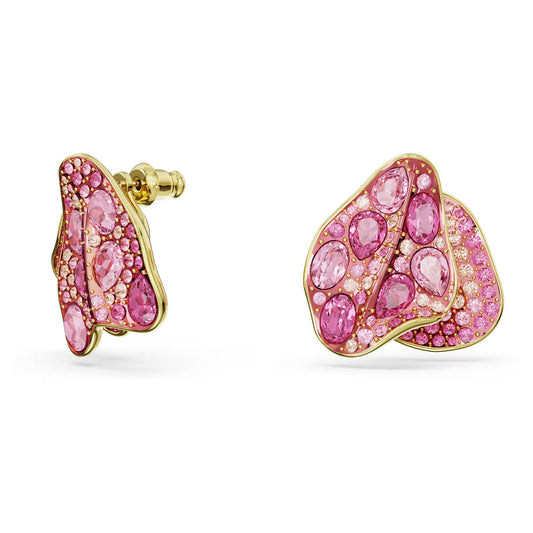 Idyllia stud earrings, Asymmetrical design, Flower, Pink, Gold-tone plated