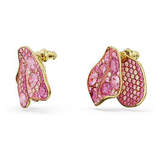 Idyllia stud earrings, Asymmetrical design, Flower, Pink, Gold-tone plated