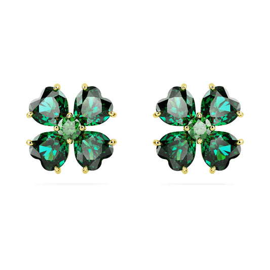 Idyllia stud earrings, Clover, Green, Gold-tone
