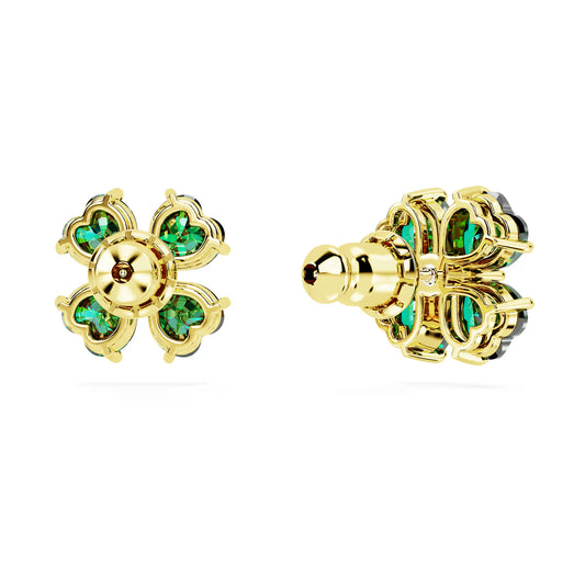 Idyllia stud earrings, Clover, Green, Gold-tone