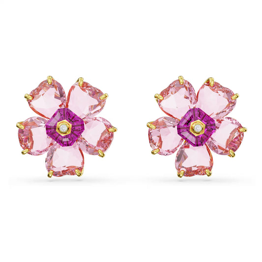 Idyllia stud earrings, Flower, Pink, Gold-tone