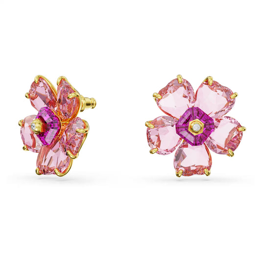 Idyllia stud earrings, Flower, Pink, Gold-tone