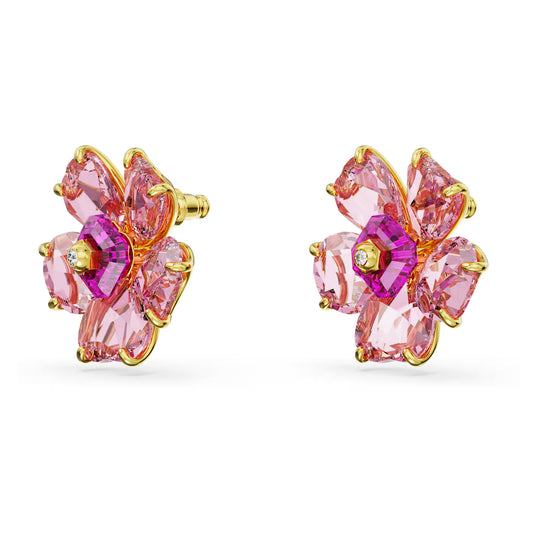 Idyllia stud earrings, Flower, Pink, Gold-tone