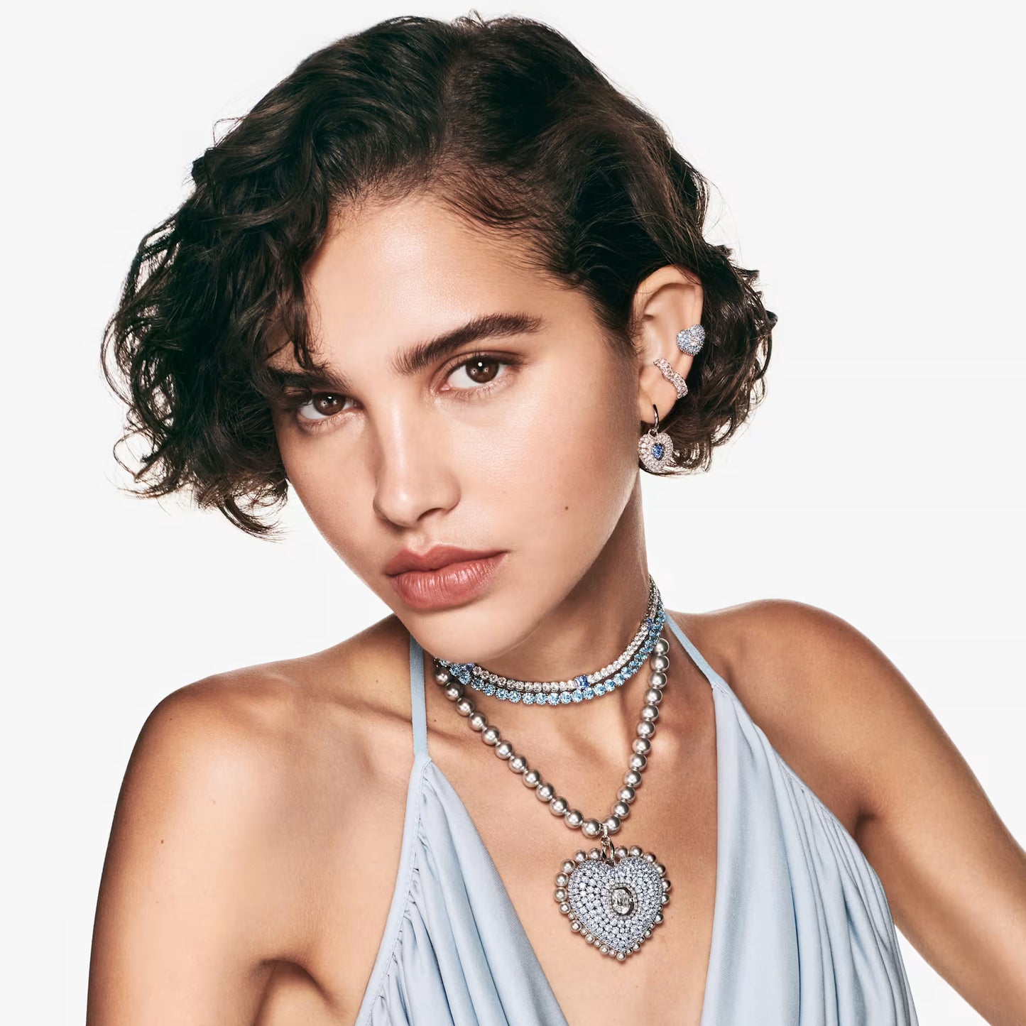 Hyperbola stud earrings, Heart, Blue, Rhodium