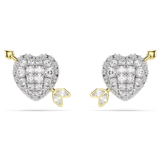 Idyllia stud earrings, Mixed cuts, Heart with arrow, White, Mixed metal finish