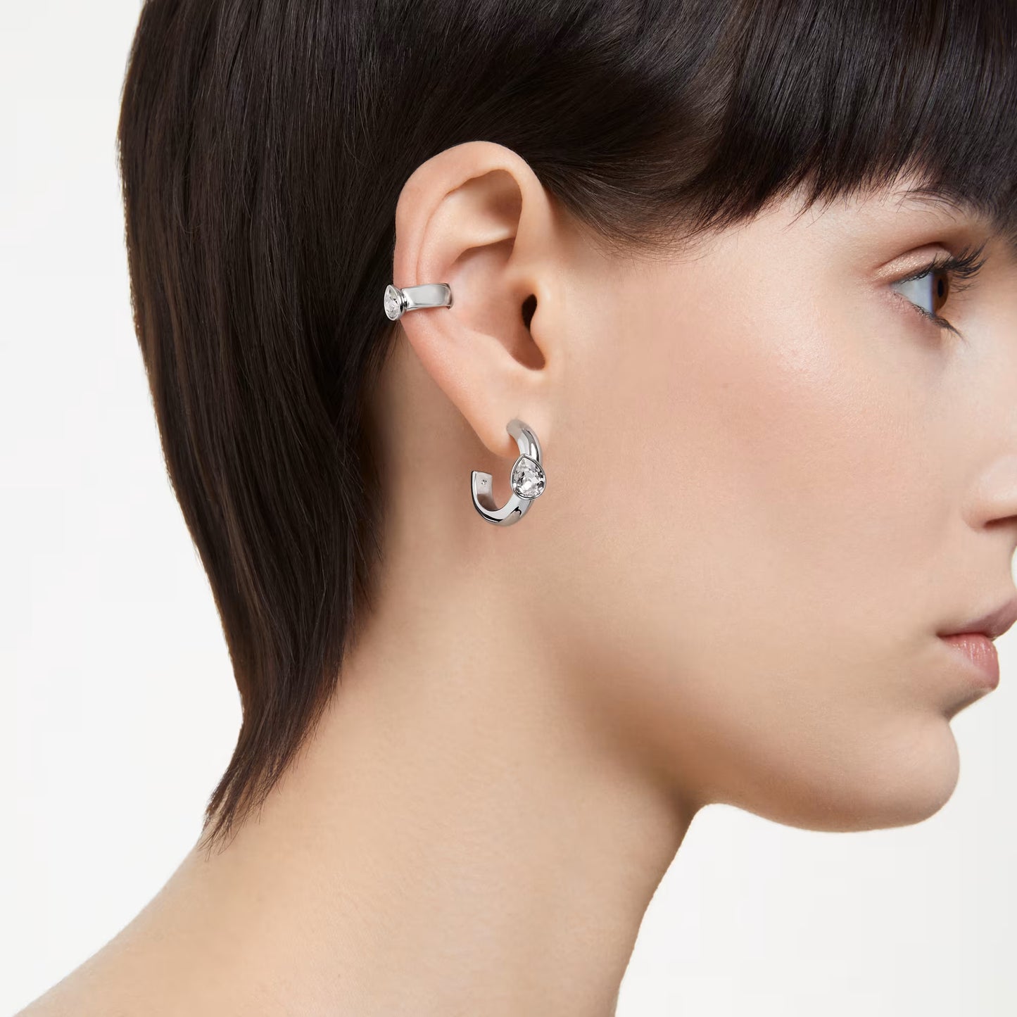 Imber hoop earrings with ear cuff, Set (3), Pear cut, White, Rhodium plated