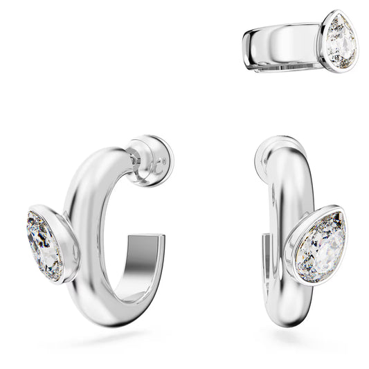 Imber hoop earrings with ear cuff, Set (3), Pear cut, White, Rhodium plated