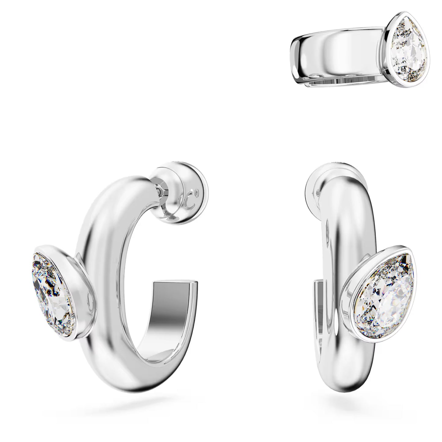 Imber hoop earrings with ear cuff, Set (3), Pear cut, White, Rhodium plated