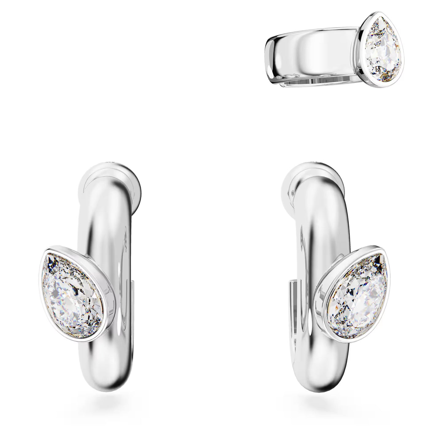 Imber hoop earrings with ear cuff, Set (3), Pear cut, White, Rhodium plated