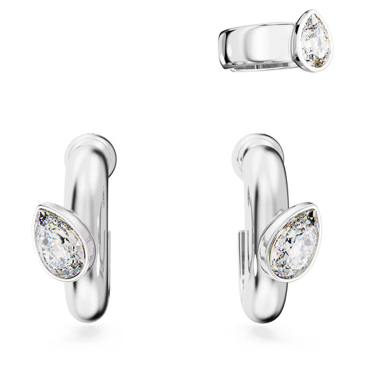 Imber hoop earrings with ear cuff, Set (3), Pear cut, White, Rhodium plated