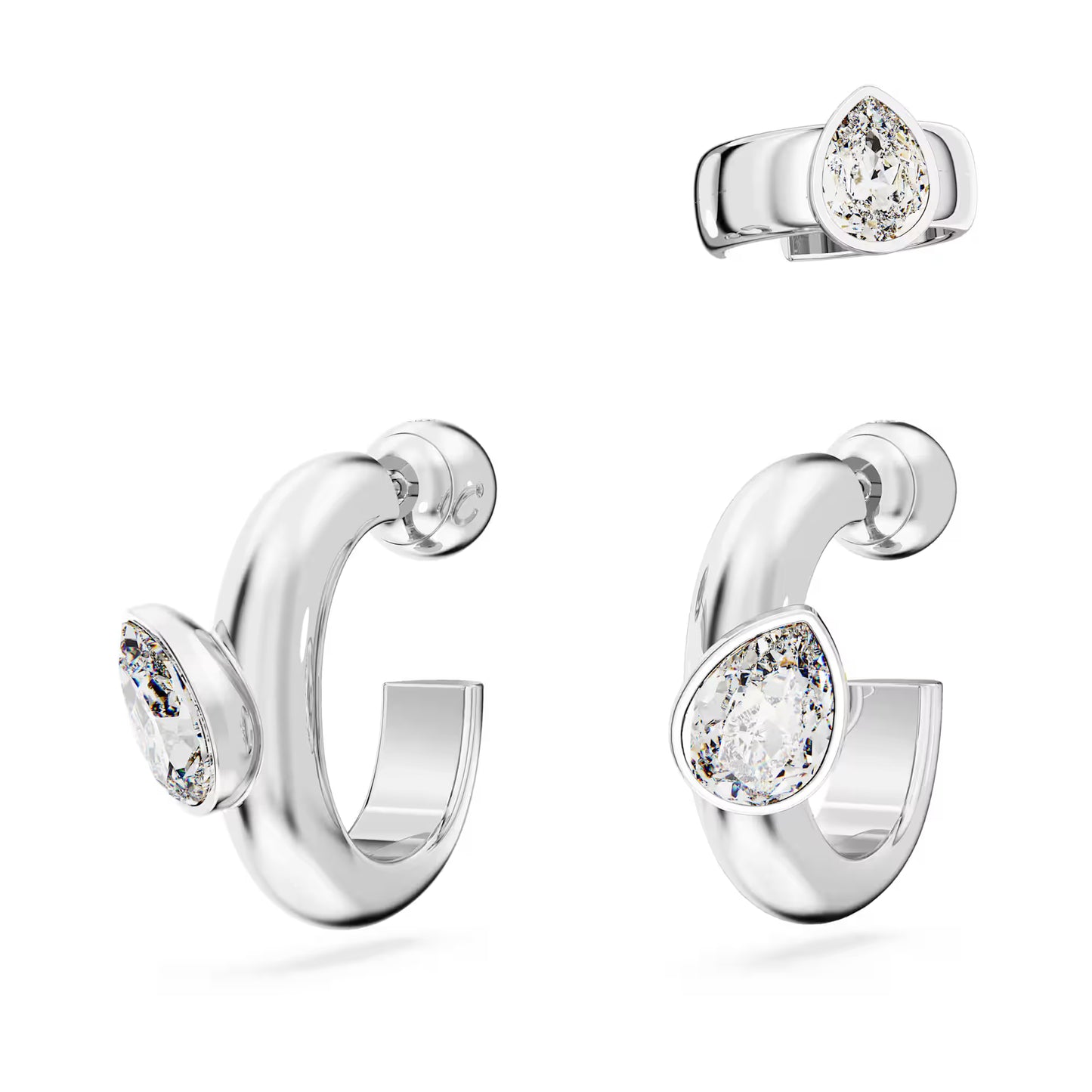 Imber hoop earrings with ear cuff, Set (3), Pear cut, White, Rhodium plated