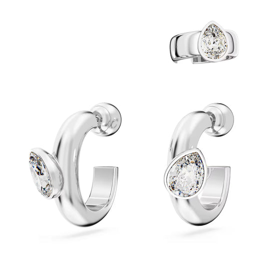 Imber hoop earrings with ear cuff, Set (3), Pear cut, White, Rhodium plated