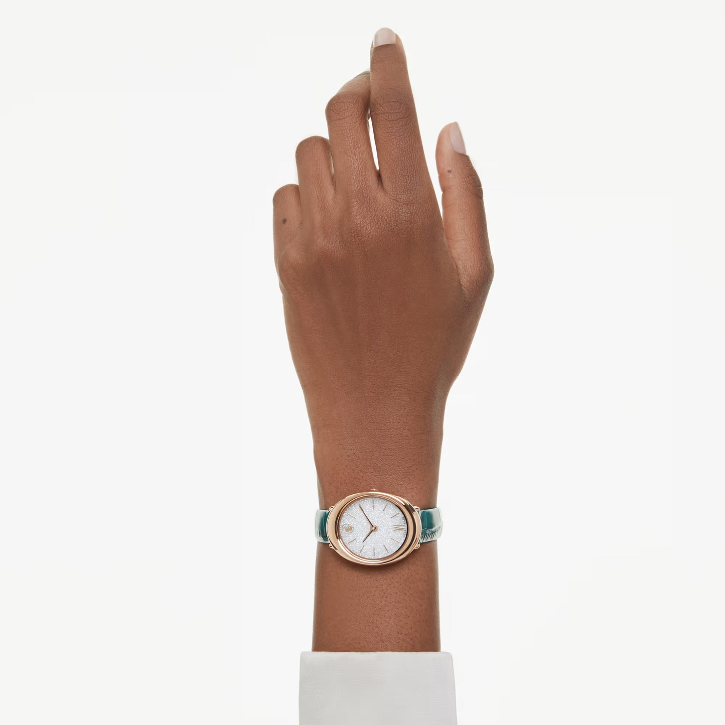 Imber oval watch, Swiss Made, Leather strap, Green, Rose gold-tone finish