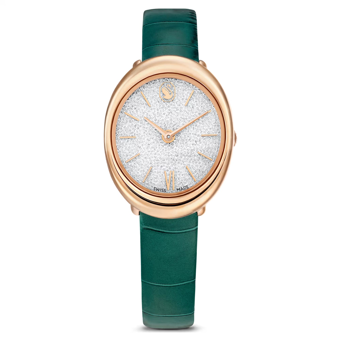 Imber oval watch, Swiss Made, Leather strap, Green, Rose gold-tone finish