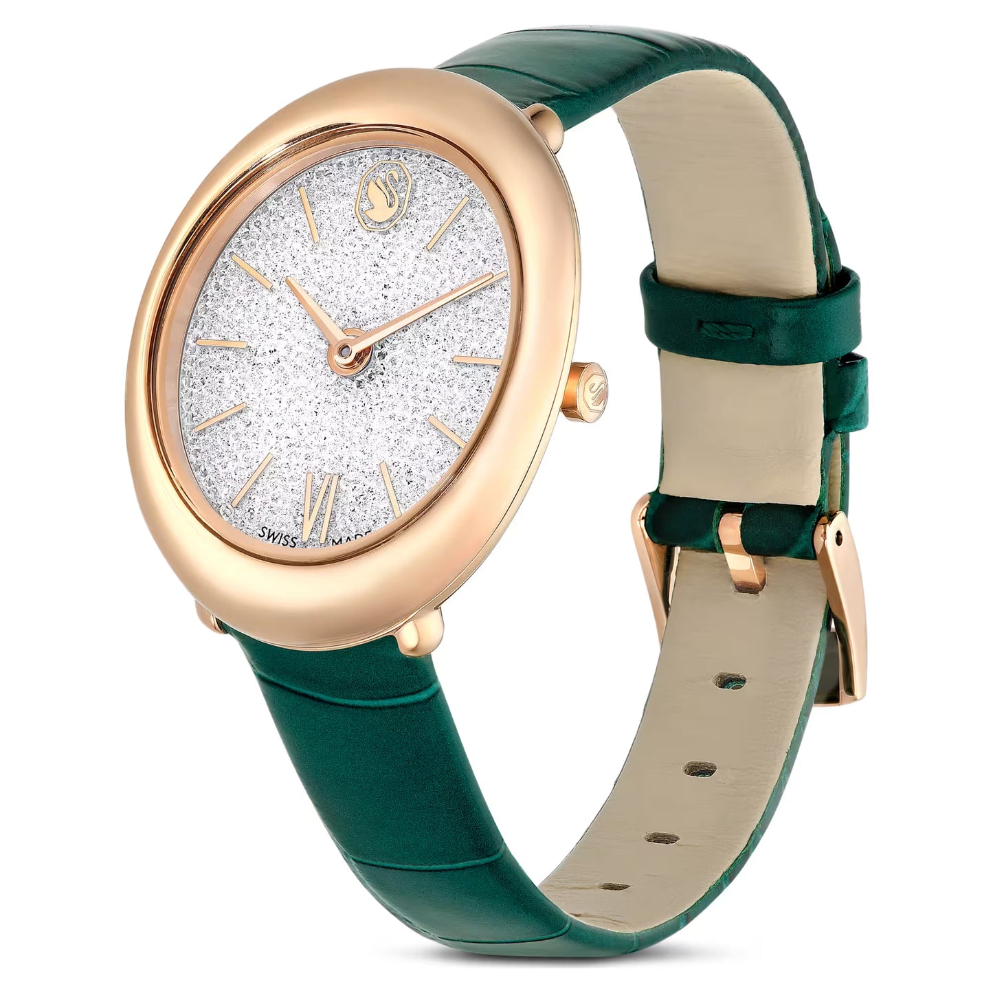 Imber oval watch, Swiss Made, Leather strap, Green, Rose gold-tone finish