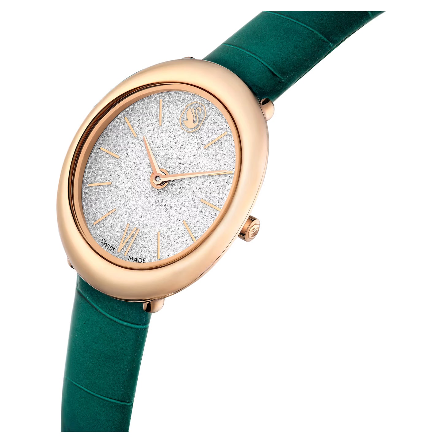 Imber oval watch, Swiss Made, Leather strap, Green, Rose gold-tone finish