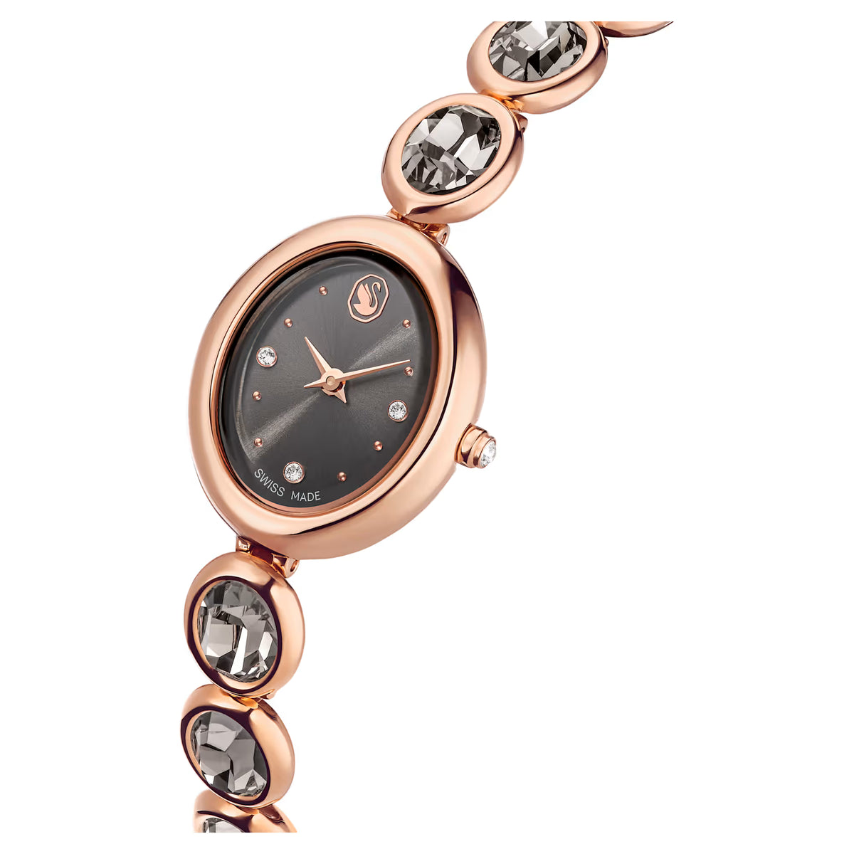 Imber oval watch, Swiss Made, Metal bracelet, Black, Rose gold-tone finish
