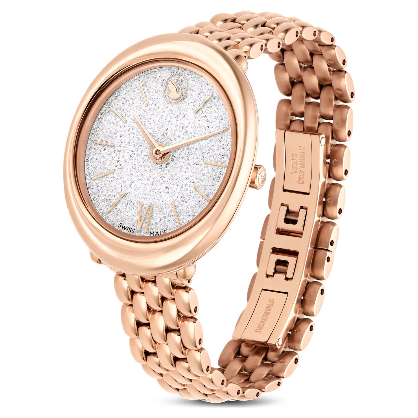 Imber oval watch, Swiss Made, Metal bracelet, Gold tone, Rose gold-tone finish
