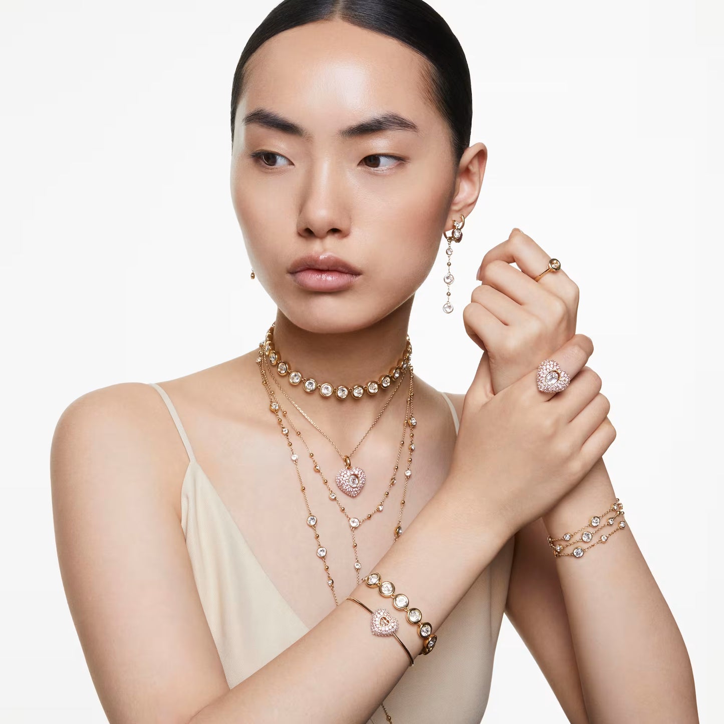 Imber necklace, Round cut, White, Gold-tone