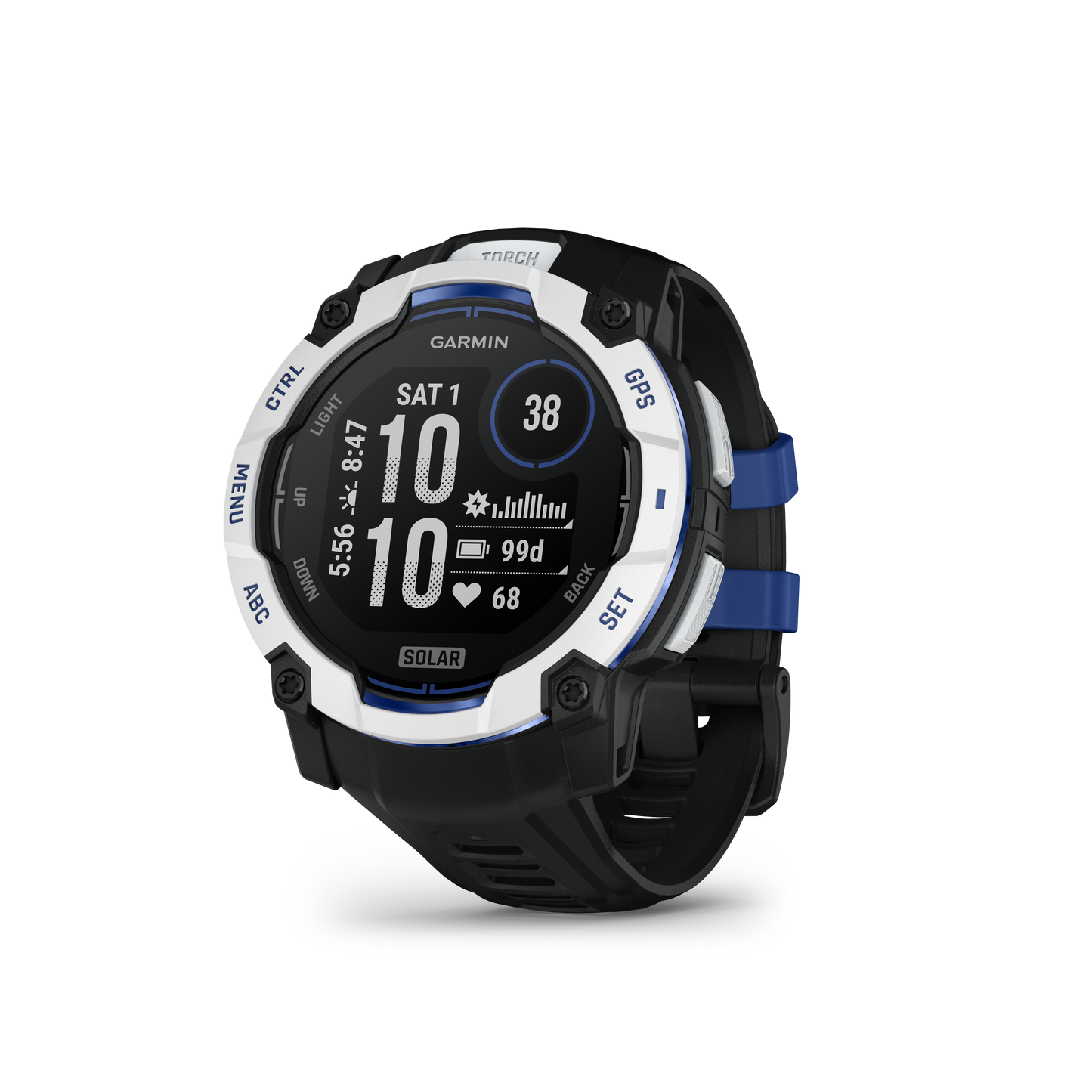 Garmin Instinct 3 50mm Solar Whitestone with Black Bolt Blue Band