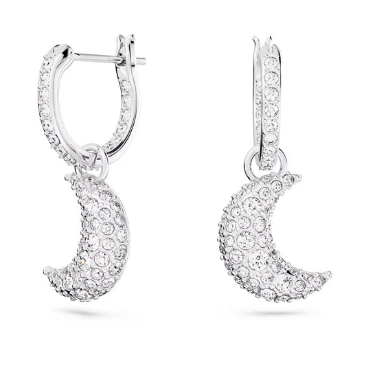 Luna drop earrings, Moon, White, Rhodium plated