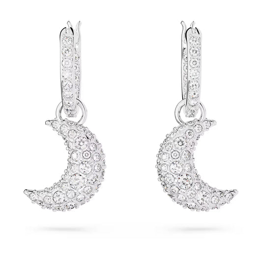 Luna drop earrings, Moon, White, Rhodium plated