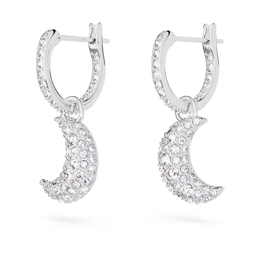 Luna drop earrings, Moon, White, Rhodium plated